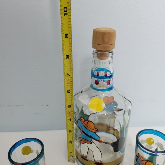 Vintage Hand Painted Mexican Teguila Decanter Set With 4 Shot Glasses 31826-1Bx9 - Picture 9 of 10